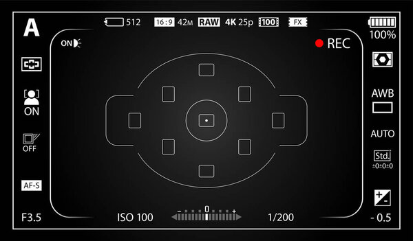 Black modern digital camera viewfinder template with vignetting effect. Black viewfinder mirrorless, DSLR or cameraphone camera recording. Vector illustration