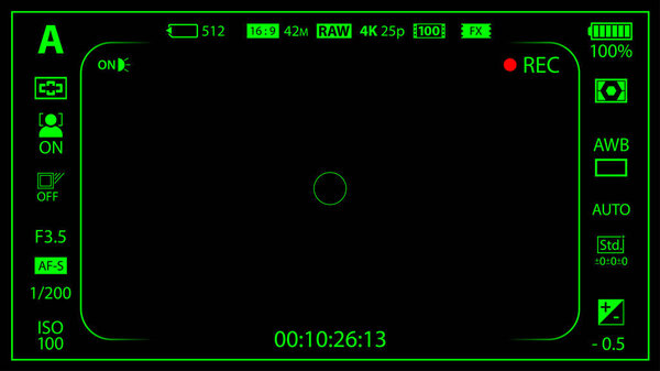 Black and green modern digital camera focusing screen with settings template. Black viewfinder mirrorless, DSLR or cameraphone camera recording. Vector illustration