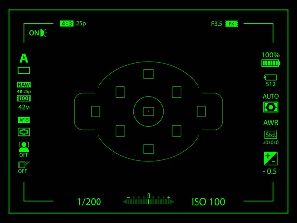 Чорно Зелений Сучасний Екран Фокусування Цифрової Камери Шаблоном Параметрів Чорний — стоковий вектор