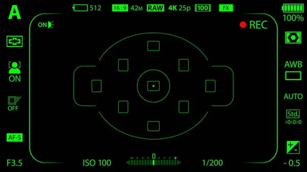 Tela Focagem Câmera Digital Moderna Preto Verde Com Modelo Configurações —  Vetores de Stock