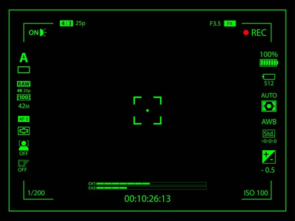 Чорно Зелений Сучасний Екран Фокусування Цифрової Камери Шаблоном Параметрів Чорний — стоковий вектор