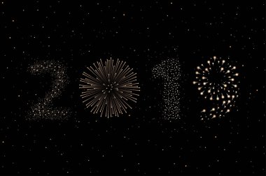 Siyah gece gökyüzü arka plan üzerinde havai fişek 2019 yeni yıl kavramı. Noel kartı. Tebrikler veya davet arka plan. Vektör çizim