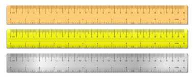 Gerçekçi teyp cetveller üzerinde izole beyaz ayarlayın. Plastik, metal ve ahşap çift taraflı ölçüm cm ve inç. Vektör çizim