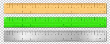 Gerçekçi teyp cetveller üzerinde izole şeffaf arka plan ayarlayın. Plastik, metal ve ahşap çift taraflı ölçüm cm ve inç. Vektör çizim