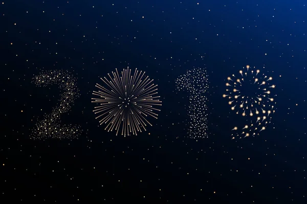 Havai fişek 2019 yeni yıl kavramı mavi gece gökyüzü arka plan üzerinde. Noel kartı. Tebrikler veya davet arka plan. Vektör çizim
