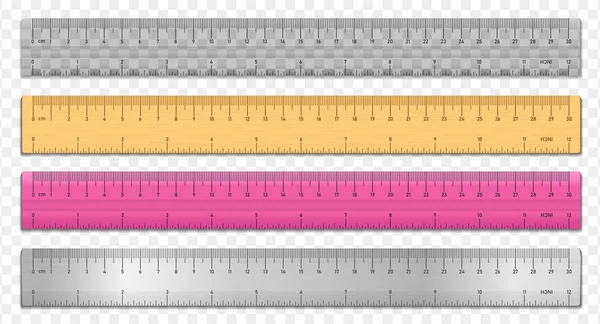 Realistic Tape Rulers Set Isolated Transparent Background Plastic Metal Wooden — Stock Vector