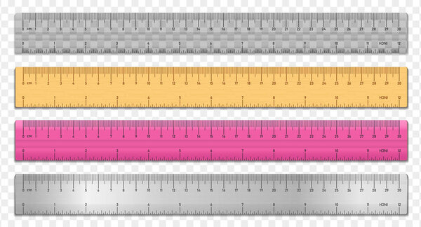 Realistic tape rulers set isolated on transparent background. Plastic, metal and wooden double sided measurement in cm and inches. Vector illustration