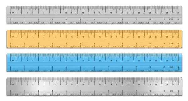 現実的なテープ 定規セット白で隔離 プラスチック 木製二重両面測定センチメートルとインチで ベクトル図 — ストックベクタ