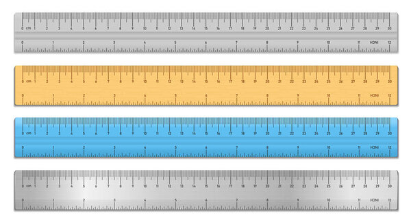 Realistic tape rulers set isolated on white. Plastic, metal and wooden double sided measurement in cm and inches. Vector illustration