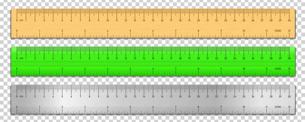Gerçekçi teyp cetveller üzerinde izole şeffaf arka plan ayarlayın. Plastik, metal ve ahşap çift taraflı ölçüm cm ve inç. Vektör çizim