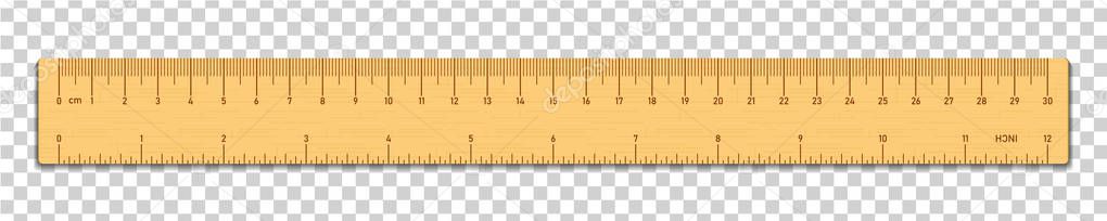 Realistic wooden tape ruler isolated on transparent background. Double sided measurement in cm and inches. Vector illustration