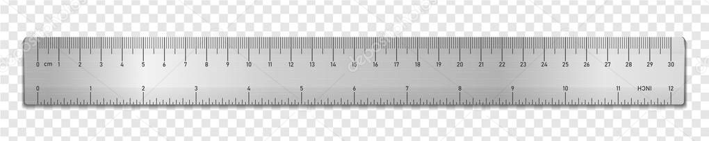 Realistic metal tape ruler isolated on transparent background. Double sided measurement in cm and inches. Vector illustration