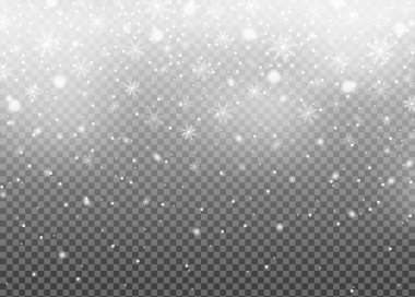 Gerçekçi yağan kar üzerinde şeffaf arka plan izole. Kış gökyüzü desen. Beyaz kar yağışı doku. Yeni yıl ve Xmas kavramı. Kar tanesi etkisi. Vektör çizim
