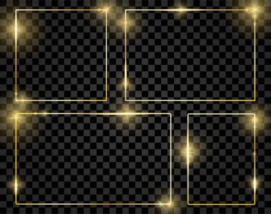 Altın parlak parlayan çerçeveler üzerinde izole şeffaf arka plan ayarlayın. Lüks gerçekçi kare sınırları sürüsü. Vektör çizim