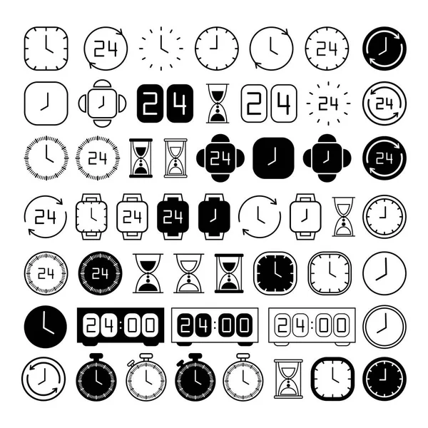 Clock Line Icons Black White Simple Watches Pack Time Concept — Stock Vector