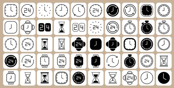 ベージュ色の背景上に孤立線アイコンを時計します 黒と白のシンプルな時計のパックです 時間の概念 ベクトル図 — ストックベクタ
