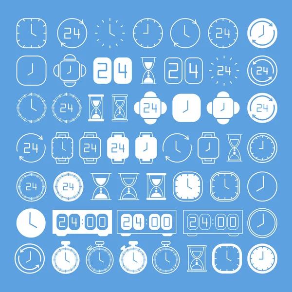 White Clock Line Icons Isolated Blue Background Simple Watches Pack — Stock Vector