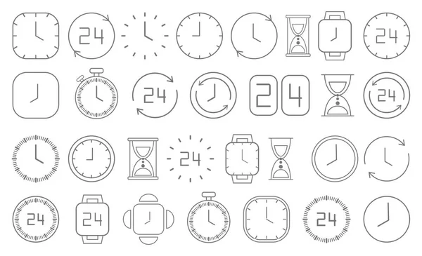 Ícones Relógio Preto Isolado Branco Preto Branco Linha Simples Relógios —  Vetores de Stock