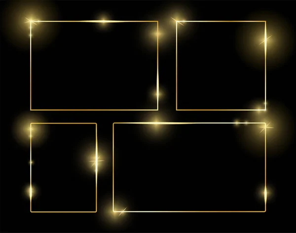 金色闪亮的帧设置孤立的黑色背景 豪华逼真的广场边界包 向量例证 — 图库矢量图片