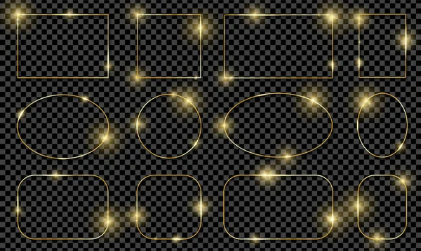 Şeffaf arka planda izole edilmiş gölgeli altın parlayan çerçeveler. Lüks gerçekçi kare, yuvarlak, oval sınırlar sürüsü. Vektör illüstrasyonu