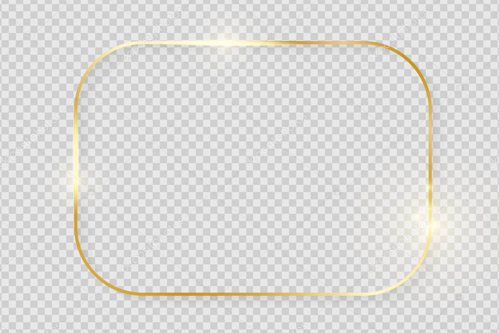 Gold shiny glowing vintage frame with shadows isolated on transparent background. Golden luxury realistic rectangle border. Vector illustration