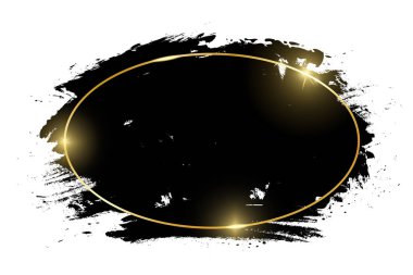 Altın parlak parlayan oval çerçeve beyaz arka plan üzerinde izole grunge siyah fırça darbeleriyle. Altın lüks çizgi kenarlık davet, kartı, satış, moda, reklam, fotoğraf vb için. Vektör çizim