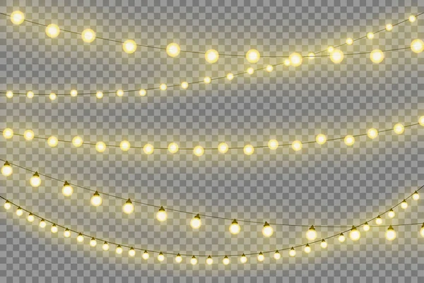 Luces Navidad Amarillas Realistas Aisladas Brillantes Luces Neón Led Lámparas — Vector de stock