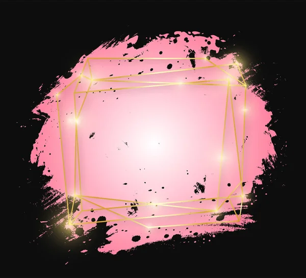 Gold Shiny Glowing Art Frame Pink Brush Strokes Isolated Black — Stock Vector