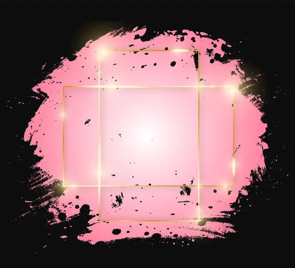 Золота Сяюча Художня Рамка Рожевими Штрихами Пензля Ізольована Чорному Тлі — стоковий вектор