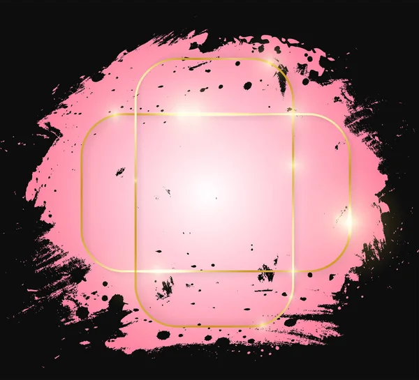 Золота Сяюча Художня Рамка Рожевими Штрихами Пензля Ізольована Чорному Тлі — стоковий вектор