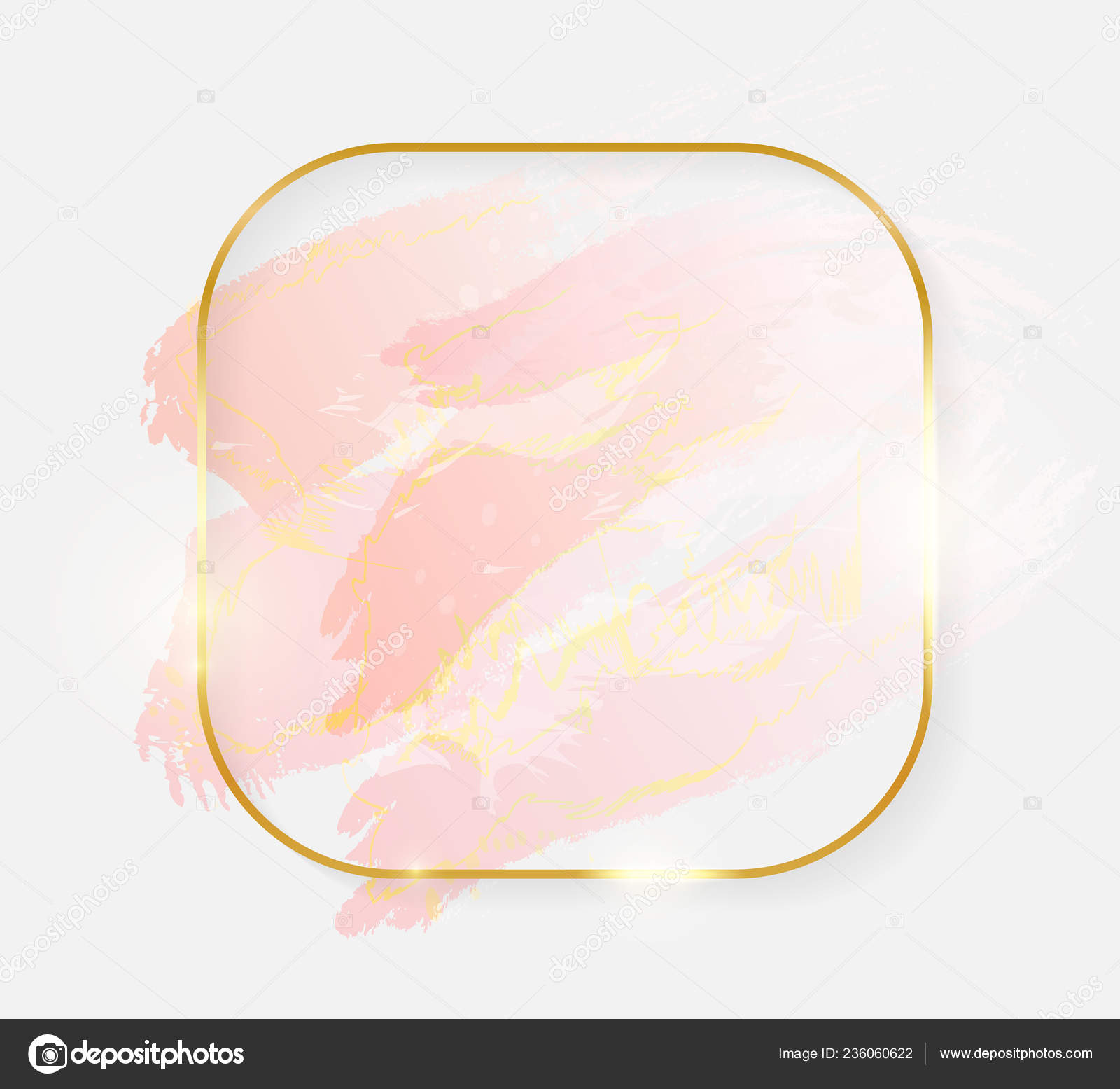 Gold Shiny Glowing Square Frame Rose Pastel Brush Strokes Isolated