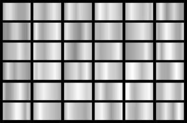 Gerçekçi gümüş degrade doku paketi. Parlak metal folyo Gradyan Seti. Vektör çizim