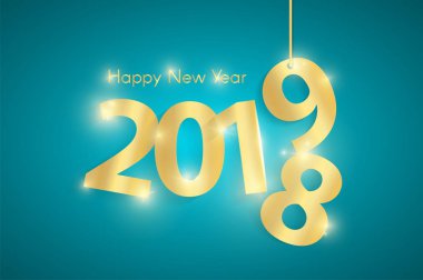 Turkuaz mutlu yeni yıl 2019 konseptiyle halatlar üzerinde altın parlak kağıt cuted numaraları. Vektör çizim