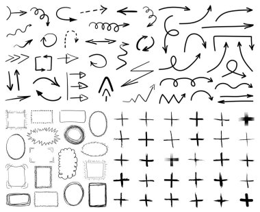 Siyah elle çizilmiş okları, topluluğu çerçeveler ve beyaz arka plan üzerinde izole semboller ayrıca. Basit, grunge, kroki, modern tarz. Vektör çizim