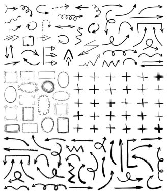 Siyah elle çizilmiş okları, topluluğu çerçeveler ve beyaz arka plan üzerinde izole semboller ayrıca. Basit, grunge, kroki, modern tarz. Vektör çizim