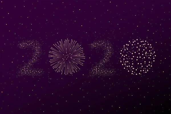 Mor gece gökyüzü arka plan üzerinde havai fişek 2020 yeni yıl kavramı. Noel kartı. Tebrikler veya davet arka plan. Vektör çizim
