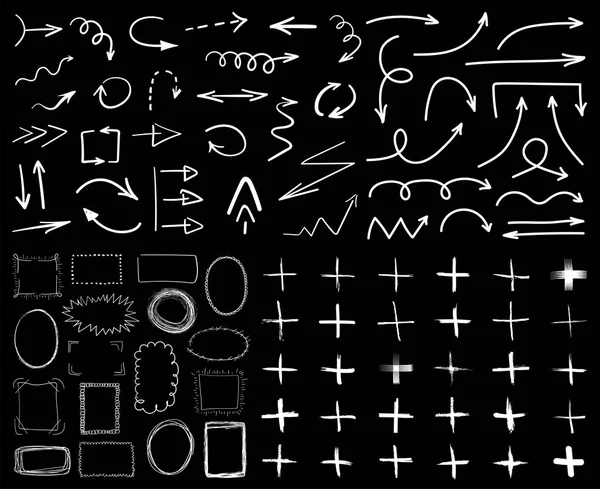在黑色背景上隔离的白色手绘箭头 框架和加号的集合 现代风格 向量例证 — 图库矢量图片