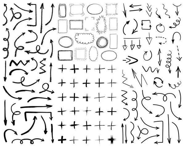 Coleção Setas Desenhadas Mão Preta Molduras Símbolos Adição Isolados Fundo — Vetor de Stock