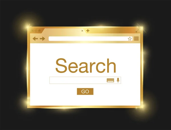 Golden Shiny Browser Window Isolated Black Background Search Engine Vector — Stock Vector