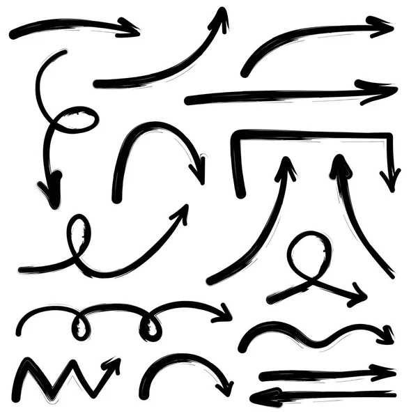 Set Frecce Nere Grunge Disegnate Mano Isolate Bianco Illustrazione Vettoriale — Vettoriale Stock