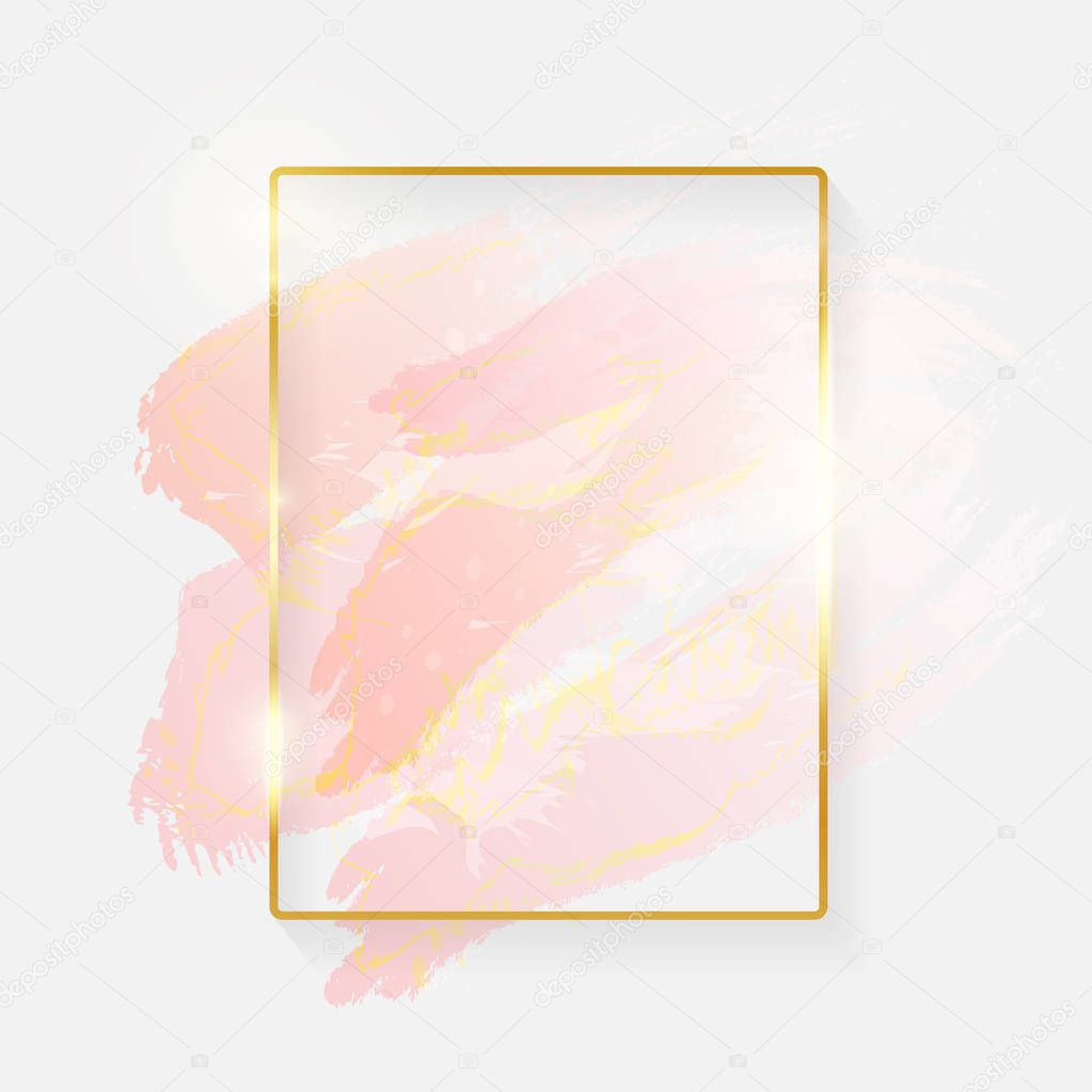 Gold shiny glowing rectangle frame with rose pastel brush strokes isolated on white background. Golden luxury line border for invitation, card, sale, fashion, wedding, photo etc. Vector illustration