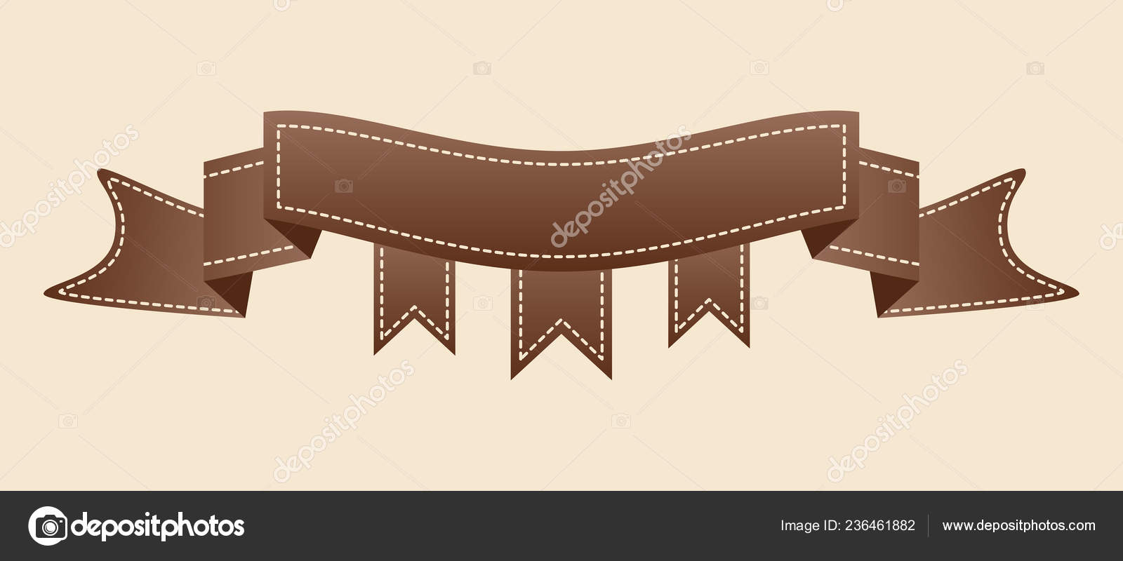 Embroidered Flat Style Brown Ribbon Isolated Ivory Background