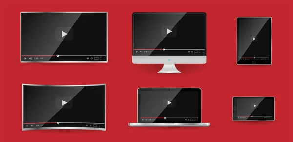 Реалістичний Сучасних Цифрових Пристроїв Ізольовані Червоному Тлі Смартфон Ноутбук Планшет — стоковий вектор