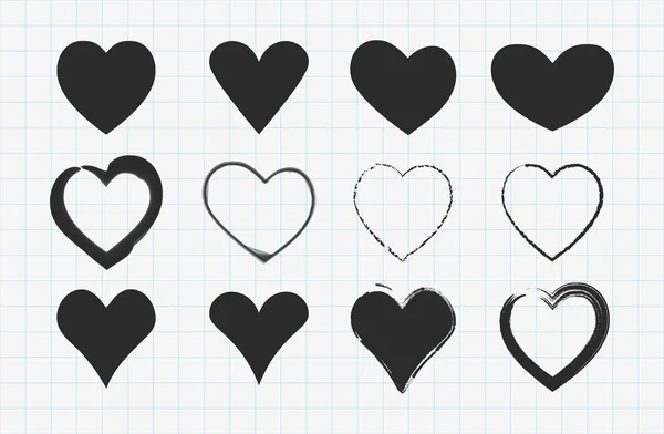 Corazón Negro Dibujado Mano Iconos Del Día San Valentín Signos — Vector de stock