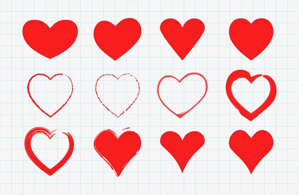 Kırmızı Elle Çizilmiş Kalpler Küme Sevgililer Günü Simgeler Beyaz Kılavuz — Stok Vektör
