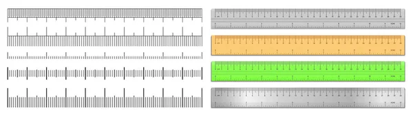 現実的なテープ定規および白い背景に分離されたスケール メジャー セット プラスチック 木製二重両面測定センチメートルとインチで 長さ測定スケール グラフ ベクトル図 — ストックベクタ