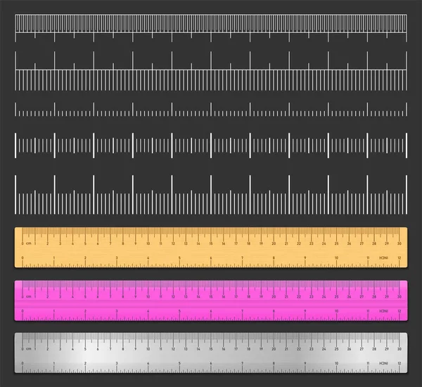 Realistisches Maßband Und Maßstab Isoliert Auf Schwarzem Hintergrund Doppelseitige Maße — Stockvektor