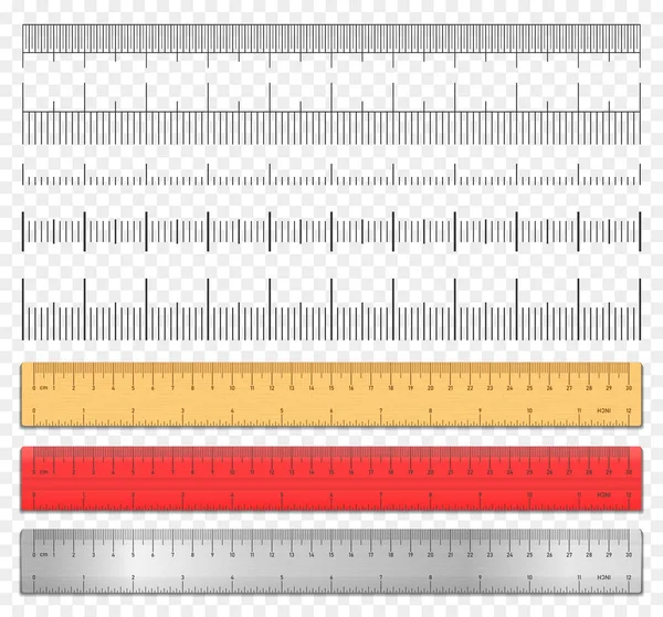 Règles Réalistes Bande Mesure Échelle Mis Isolé Sur Fond Transparent — Image vectorielle