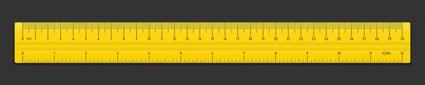 黒の背景に分離された黄色のプラスチック テープを現実的な定規 センチとインチのダブル両面の測定 ベクトル図 — ストックベクタ