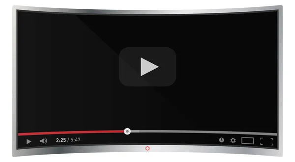 Moderno monitor de TV curvado realista de 4k aislado sobre fondo blanco. Plantilla de reproductor de vídeo clásico en pantalla. Video en línea viendo conecpt. Ilustración vectorial — Vector de stock
